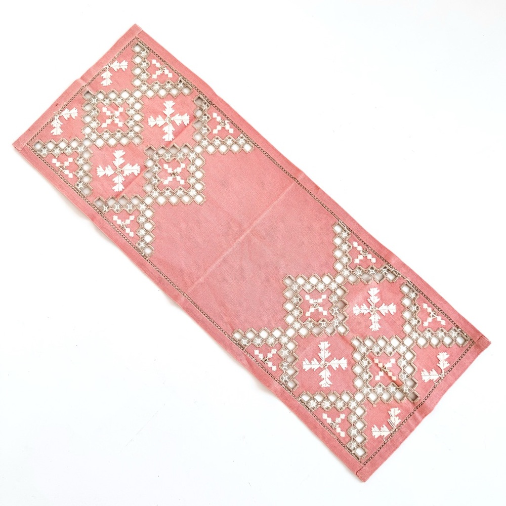 Vintage Dusty Rose Embroidered Small Linen Runner 9.5” x 24”